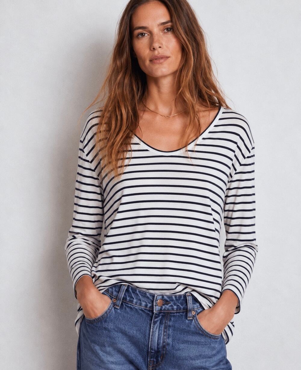 Boden Supersoft V Neck Nautical Stripe Tee Shirt Long Sleeve Women Size Large